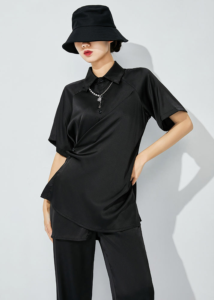 Plus Size Black Peter Pan Collar Draping Silk Two Pieces Set Spring LY0848 - fabuloryshop