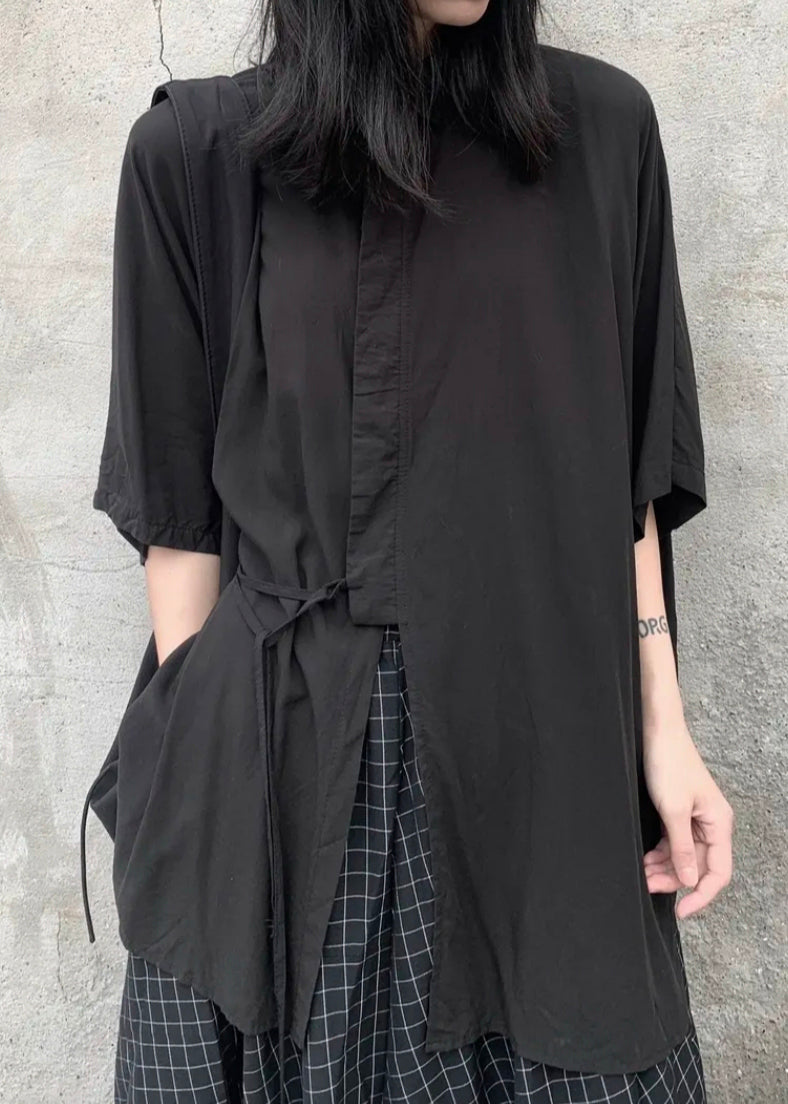 Plus Size Black Peter Pan Collar Lace Up Patchwork Cotton Shirts Bracelet Sleeve Ada Fashion