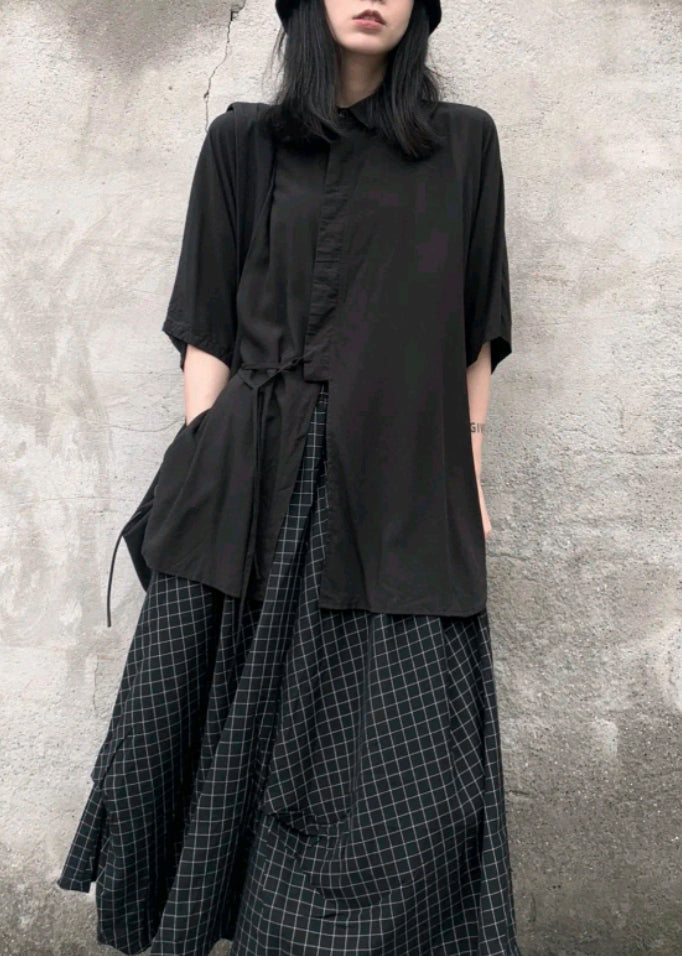 Plus Size Black Peter Pan Collar Lace Up Patchwork Cotton Shirts Bracelet Sleeve Ada Fashion