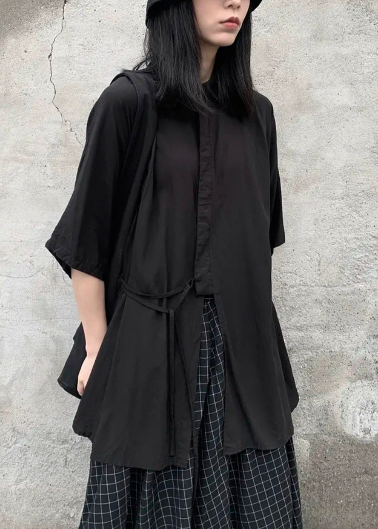 Plus Size Black Peter Pan Collar Lace Up Patchwork Cotton Shirts Bracelet Sleeve Ada Fashion