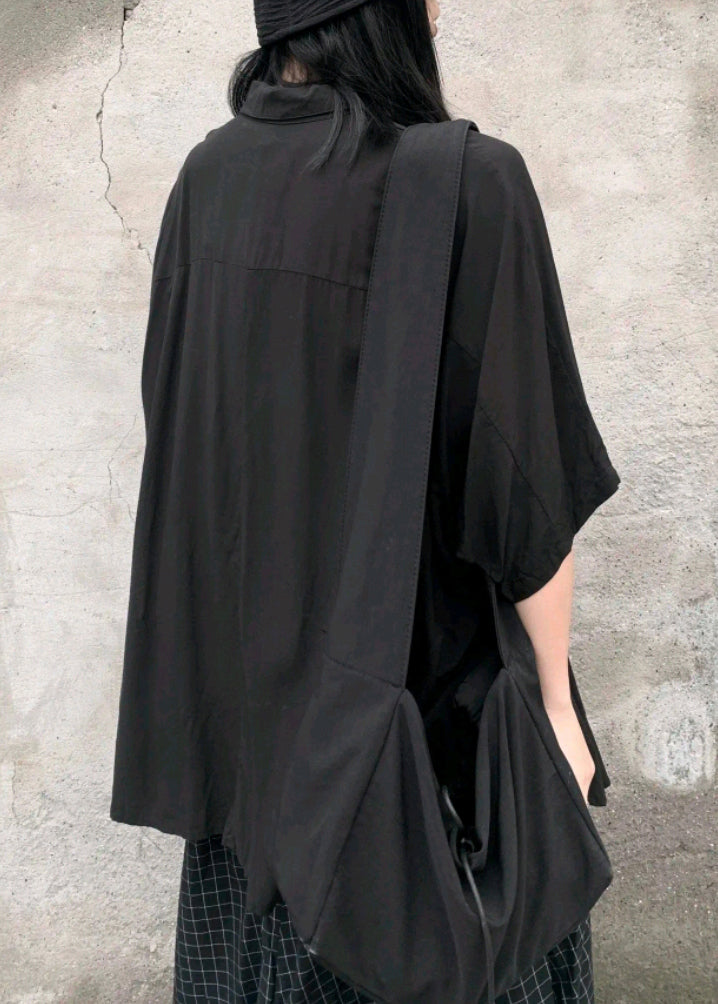 Plus Size Black Peter Pan Collar Lace Up Patchwork Cotton Shirts Bracelet Sleeve Ada Fashion