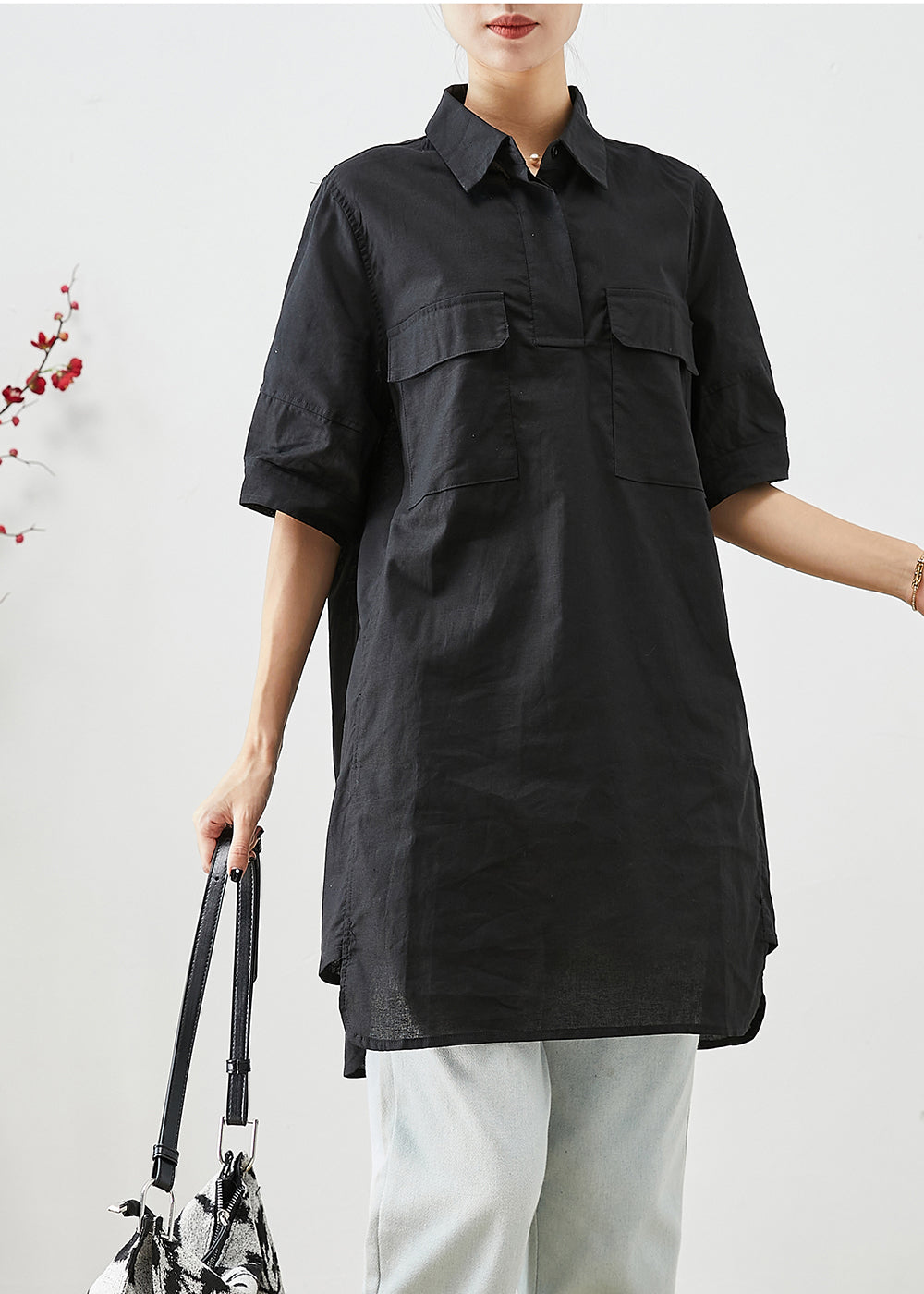 Plus Size Black Peter Pan Collar Pockets Cotton Shirt Top Short Sleeve Ada Fashion