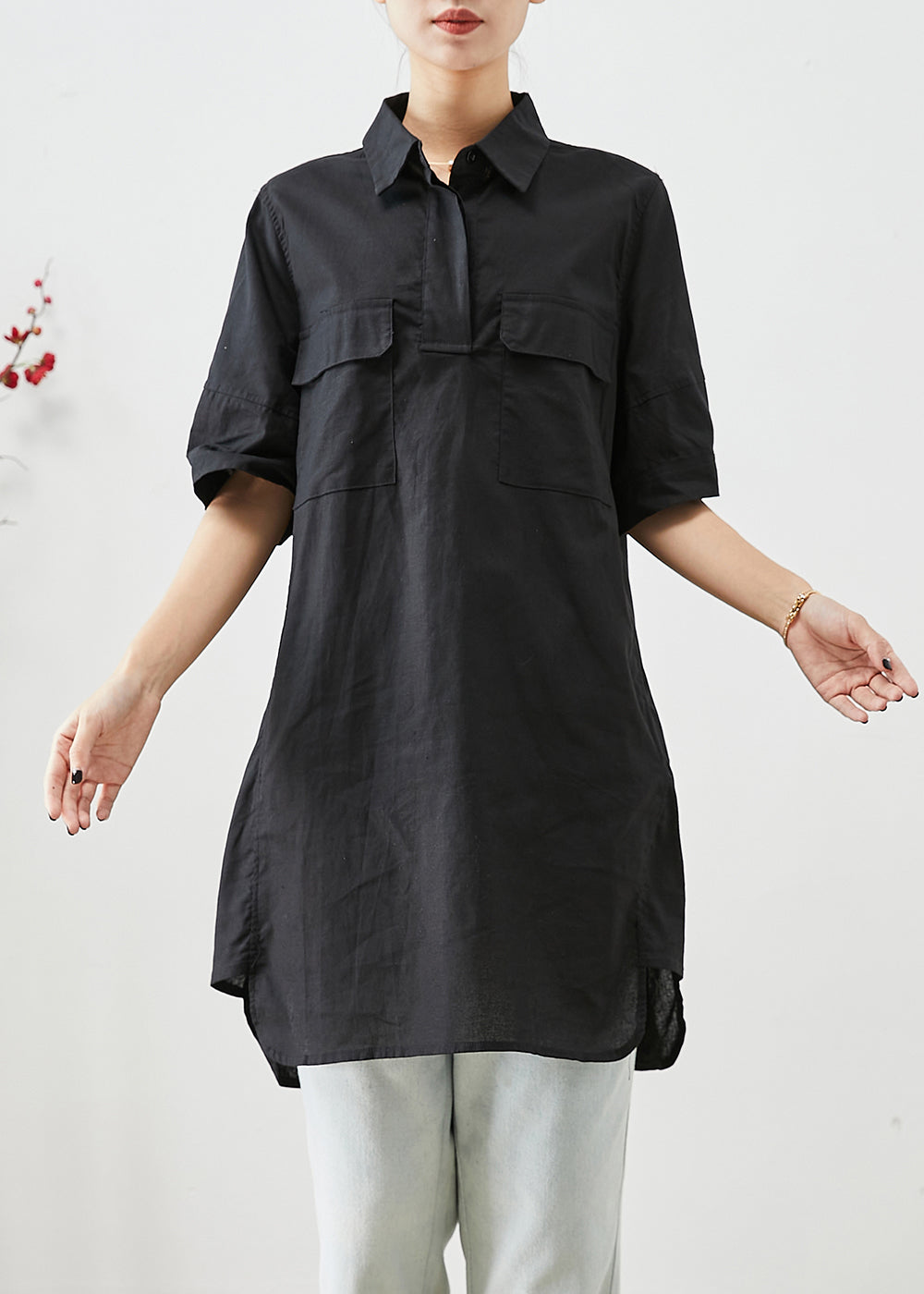 Plus Size Black Peter Pan Collar Pockets Cotton Shirt Top Short Sleeve Ada Fashion