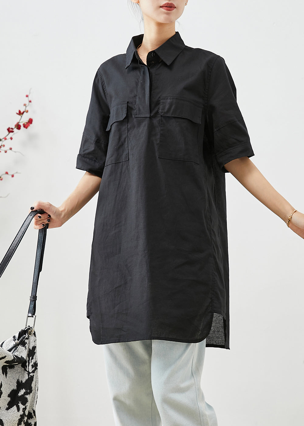 Plus Size Black Peter Pan Collar Pockets Cotton Shirt Top Short Sleeve Ada Fashion