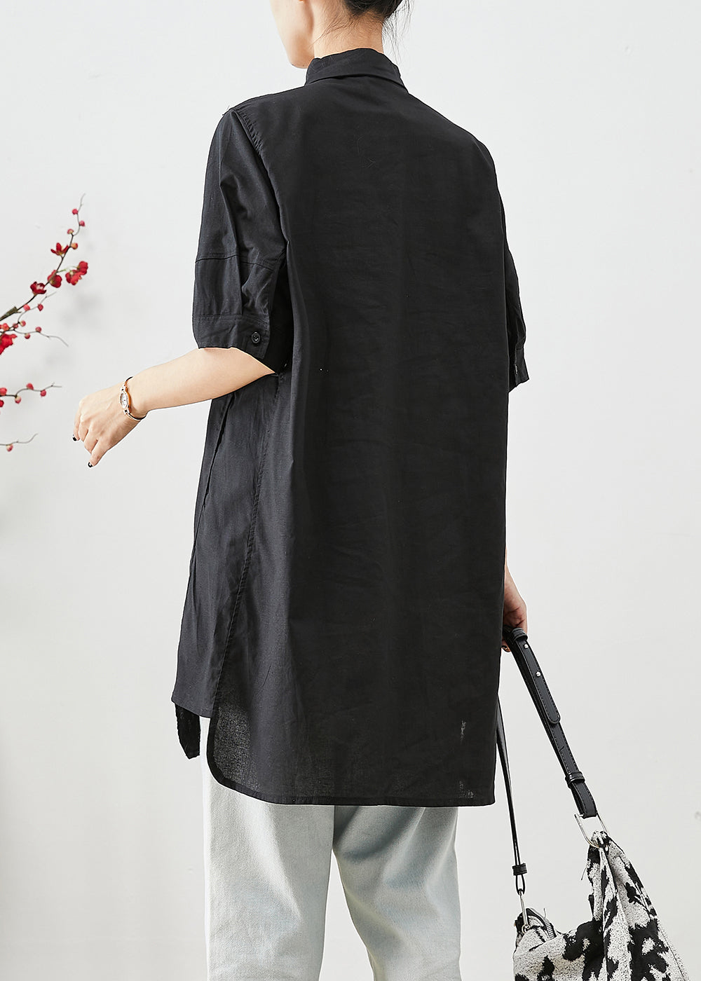 Plus Size Black Peter Pan Collar Pockets Cotton Shirt Top Short Sleeve Ada Fashion