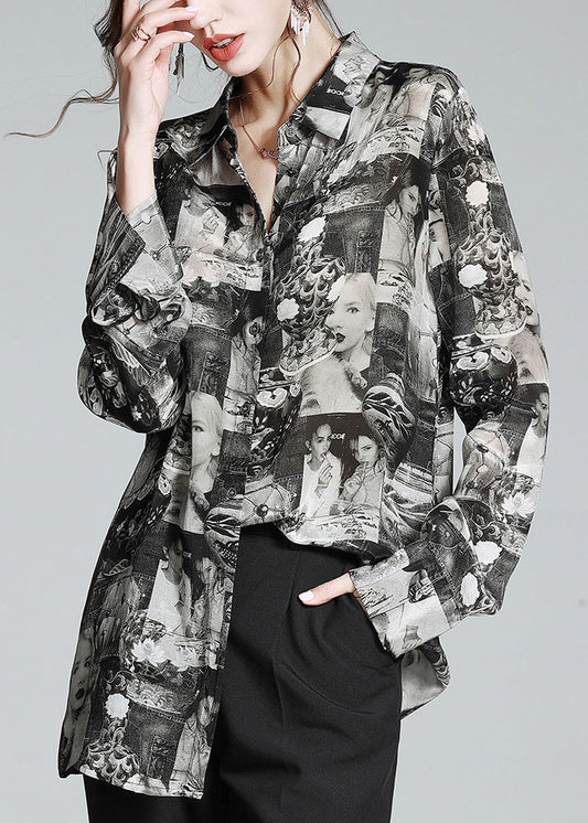 Plus Size Black Peter Pan Collar Print Button Silk Shirt Long Sleeve AC3034 - fabuloryshop