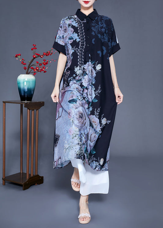 Plus Size Black Peter Pan Collar Print Draping Silk Shirt Dress Summer LY0931 - fabuloryshop