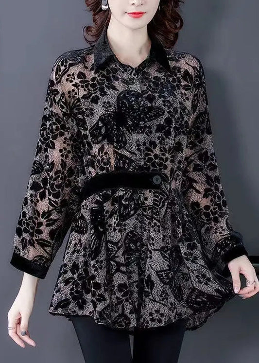 Plus Size Black Peter Pan Collar Print Patchwork Velour Shirts Tops Fall Ada Fashion