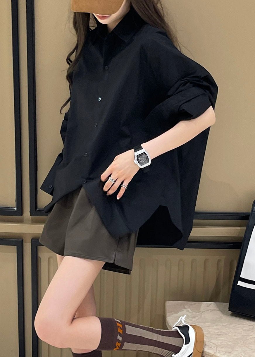 Plus Size Black Peter Pan Collar Side Open Shirt Long Sleeve Ada Fashion