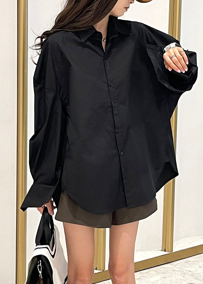 Plus Size Black Peter Pan Collar Side Open Shirt Long Sleeve Ada Fashion