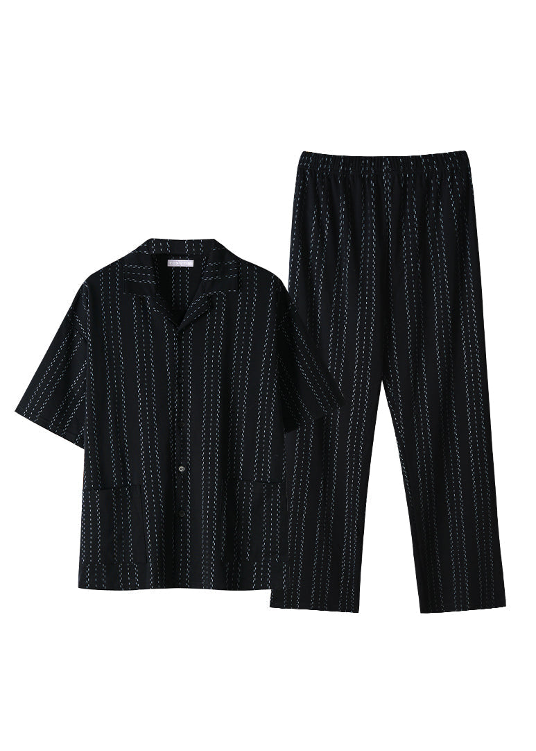 Plus Size Black Peter Pan Collar Striped Button Cotton Pajamas Two Piece Set Summer LY2818 - fabuloryshop