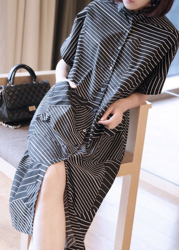 Plus Size Black Peter Pan Collar Striped Maxi Dresses Summer LY1407 - fabuloryshop