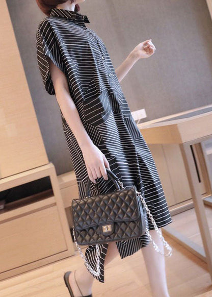 Plus Size Black Peter Pan Collar Striped Maxi Dresses Summer LY1407 - fabuloryshop