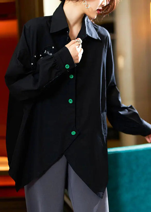 Plus Size Black Peter Pan Collar Zircon Patchwork Cotton Shirts Top Fall Ada Fashion