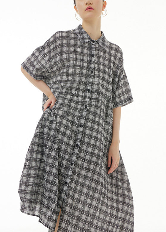 Plus Size Black Plaid Button Cotton Maxi Dresses Summer LY1177 - fabuloryshop