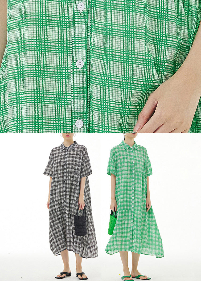 Plus Size Black Plaid Button Cotton Maxi Dresses Summer LY1177 - fabuloryshop