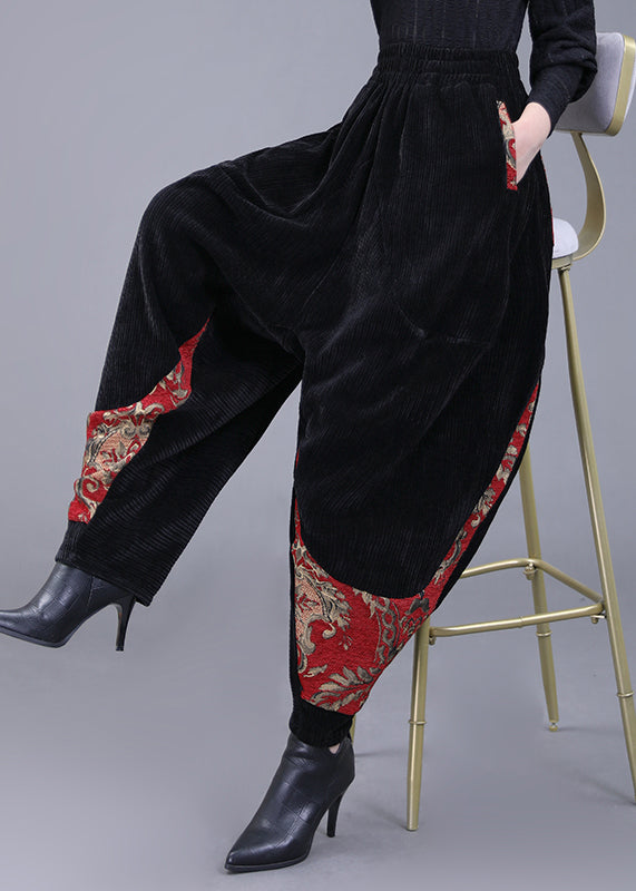 Plus Size Black Pockets Embroideried Corduroy Lantern Pants Fall Ada Fashion