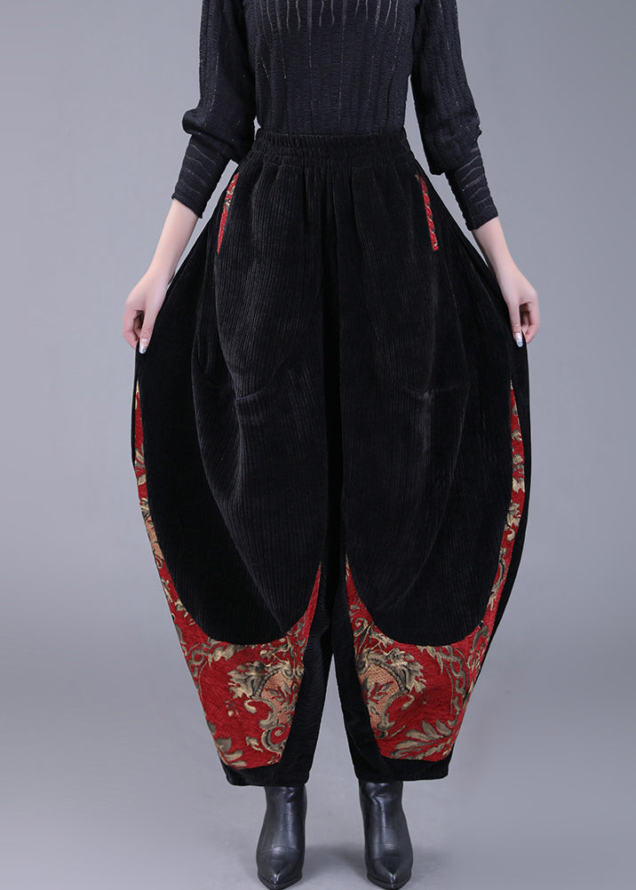 Plus Size Black Pockets Embroideried Corduroy Lantern Pants Fall Ada Fashion