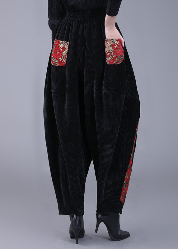 Plus Size Black Pockets Embroideried Corduroy Lantern Pants Fall Ada Fashion