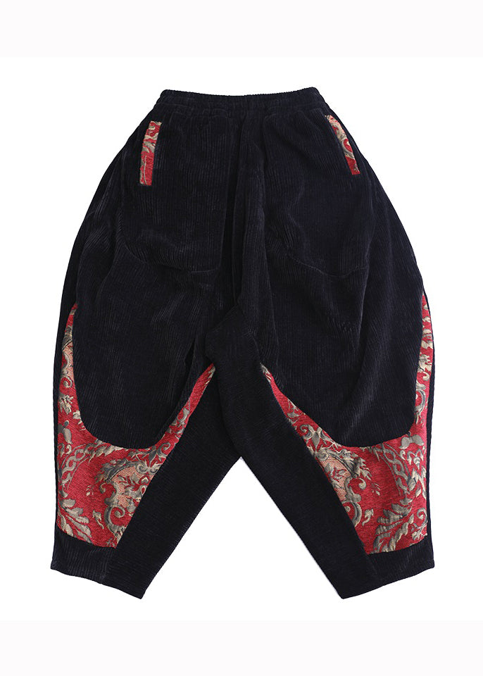 Plus Size Black Pockets Embroideried Corduroy Lantern Pants Fall Ada Fashion