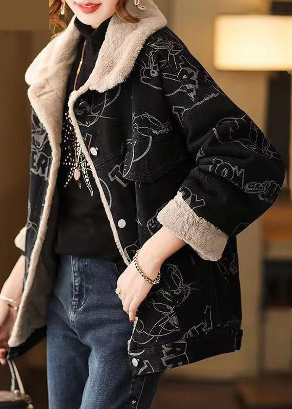 Plus Size Black Print Button Patchwork Warm Fleece Coat Winter Ada Fashion