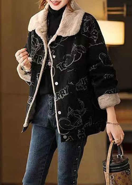 Plus Size Black Print Button Patchwork Warm Fleece Coat Winter Ada Fashion