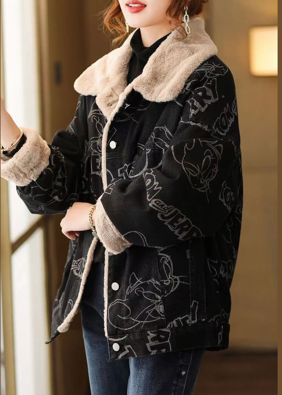 Plus Size Black Print Button Patchwork Warm Fleece Coat Winter Ada Fashion