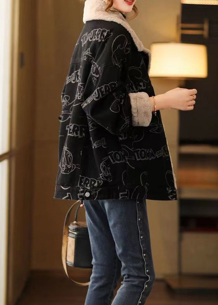 Plus Size Black Print Button Patchwork Warm Fleece Coat Winter Ada Fashion