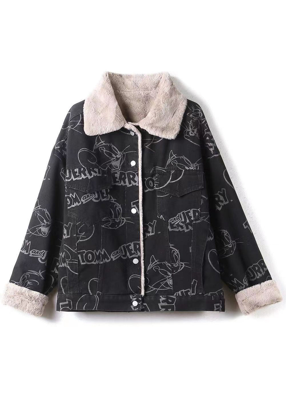 Plus Size Black Print Button Patchwork Warm Fleece Coat Winter Ada Fashion