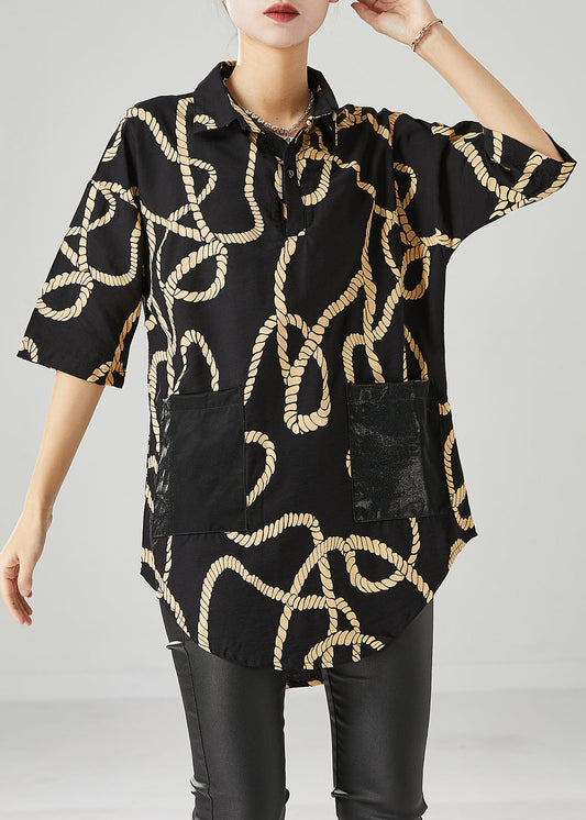 Plus Size Black Print Pockets Cotton Shirts Half Sleeve Ada Fashion