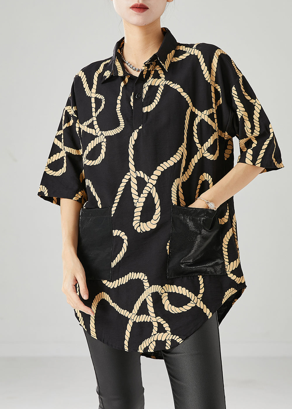 Plus Size Black Print Pockets Cotton Shirts Half Sleeve Ada Fashion