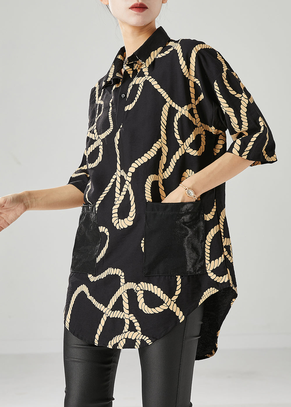 Plus Size Black Print Pockets Cotton Shirts Half Sleeve Ada Fashion