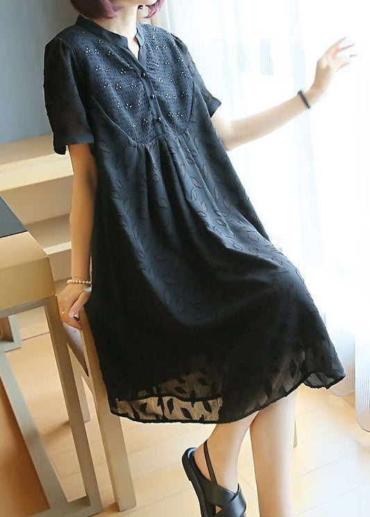 Plus Size Black Stand Collar Patchwork Jacquard Chiffon Maxi Dresses Summer LY1420 - fabuloryshop