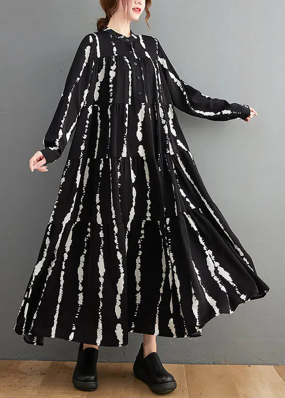 Plus Size Black Stand Collar Print Button Maxi Shirts Dresses Fall Ada Fashion