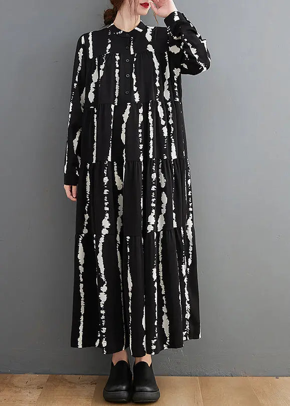 Plus Size Black Stand Collar Print Button Maxi Shirts Dresses Fall Ada Fashion