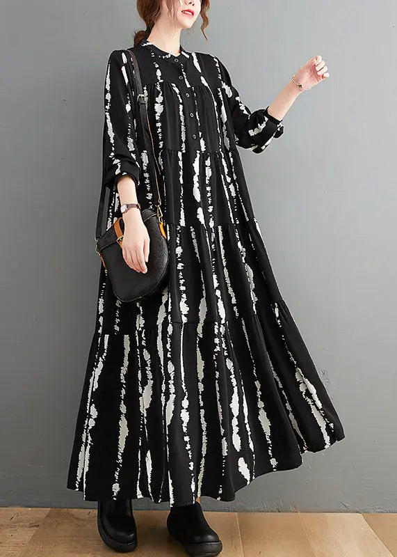 Plus Size Black Stand Collar Print Button Maxi Shirts Dresses Fall Ada Fashion