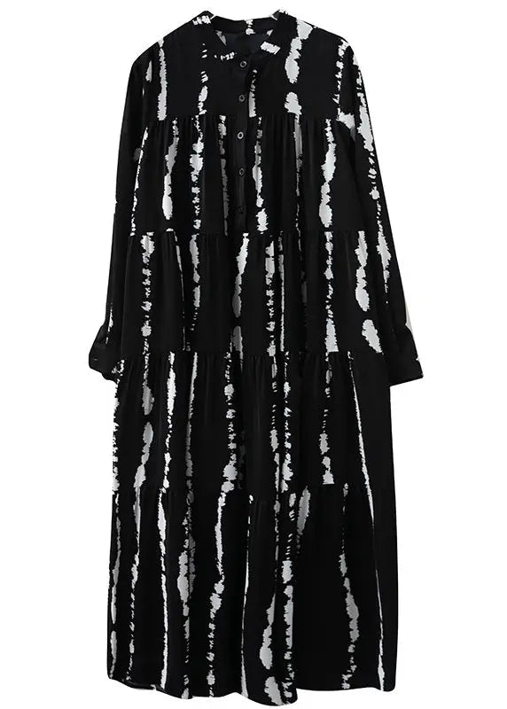 Plus Size Black Stand Collar Print Button Maxi Shirts Dresses Fall Ada Fashion