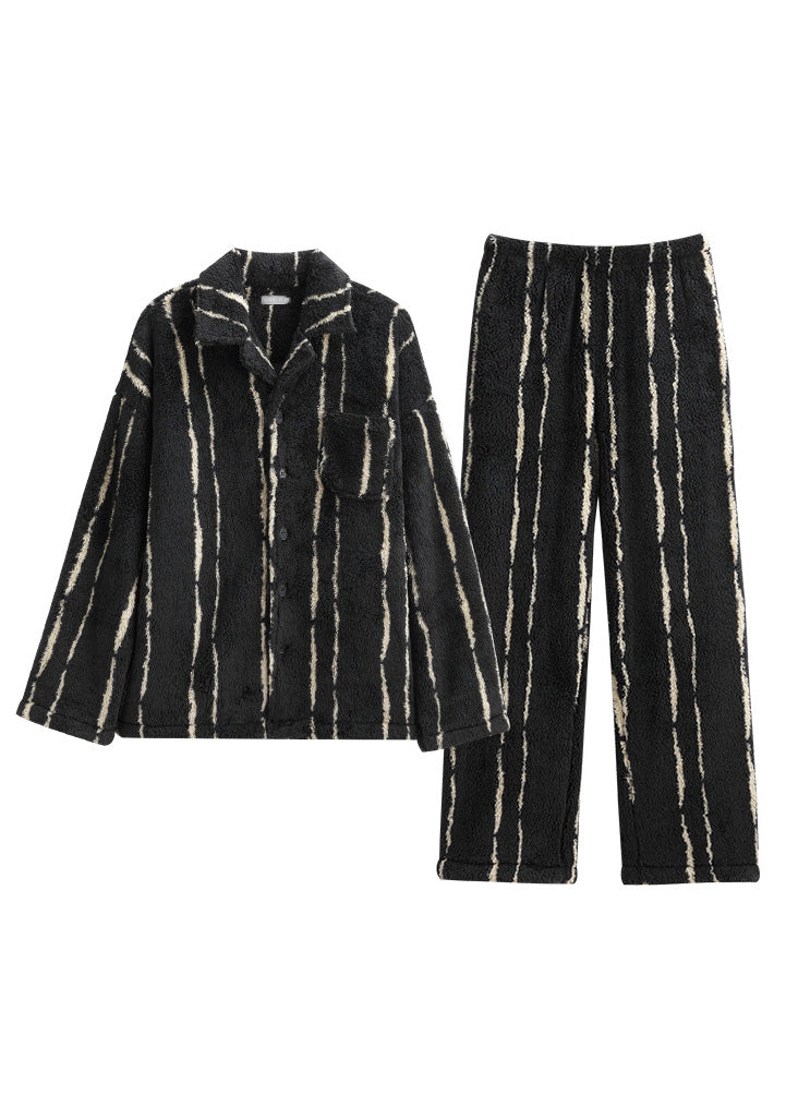 Plus Size Black Striped Patchwork Button Velour Pajamas Two Piece Set Spring TO1025 - fabuloryshop