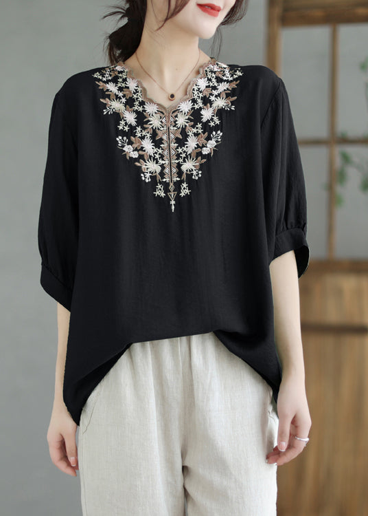 Plus Size Black V Neck Embroideried Cotton Blouses Summer Ada Fashion