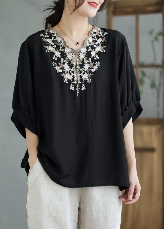 Plus Size Black V Neck Embroideried Cotton Blouses Summer Ada Fashion