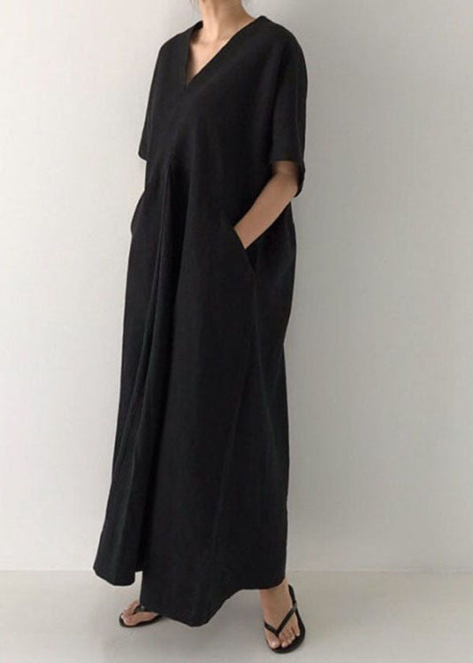 Plus Size Black V Neck Oversized Linen Long Dress Short Sleeve LY1328 - fabuloryshop