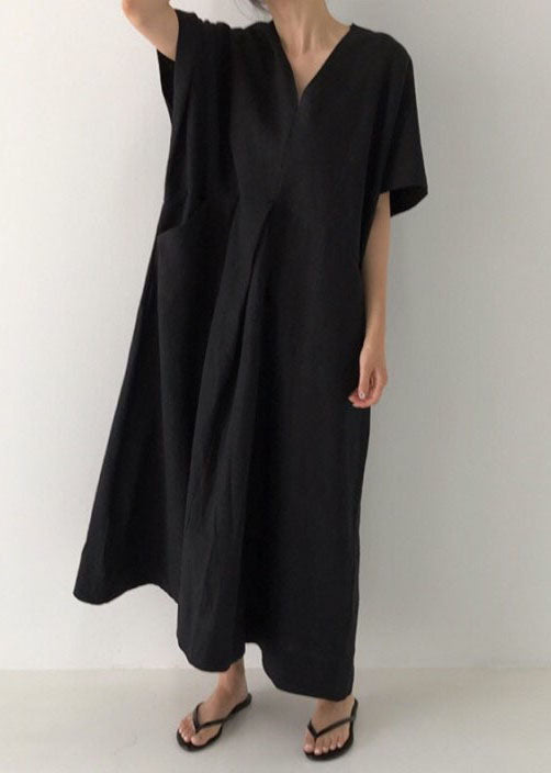 Plus Size Black V Neck Oversized Linen Long Dress Short Sleeve LY1328 - fabuloryshop