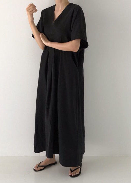 Plus Size Black V Neck Oversized Linen Long Dress Short Sleeve LY1328 - fabuloryshop