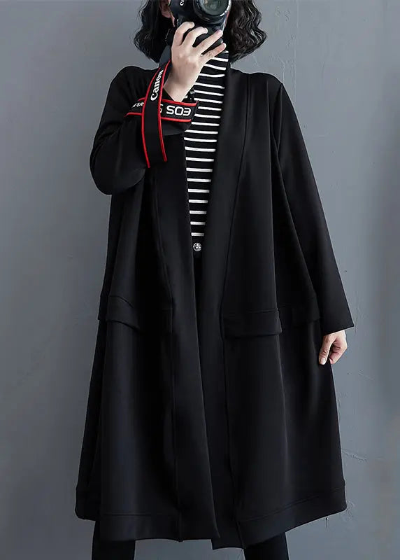 Plus Size Black V Neck Pockets Cotton Trench Coat Fall Ada Fashion