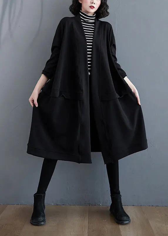 Plus Size Black V Neck Pockets Cotton Trench Coat Fall Ada Fashion