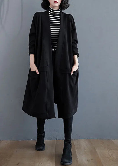 Plus Size Black V Neck Pockets Cotton Trench Coat Fall Ada Fashion