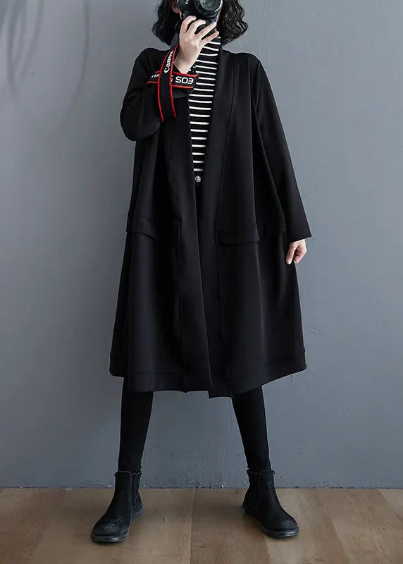 Plus Size Black V Neck Pockets Cotton Trench Coat Fall Ada Fashion