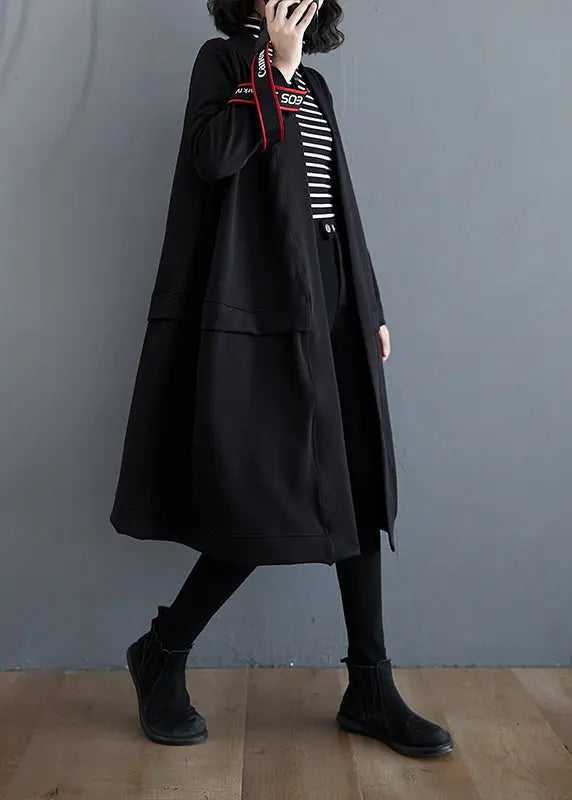 Plus Size Black V Neck Pockets Cotton Trench Coat Fall Ada Fashion