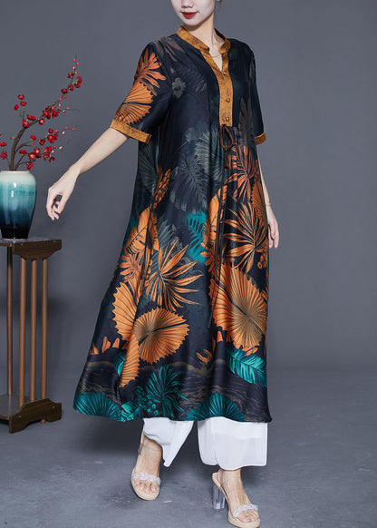 Plus Size Black V Neck Print Silk Long Dress Summer LY4824 - fabuloryshop