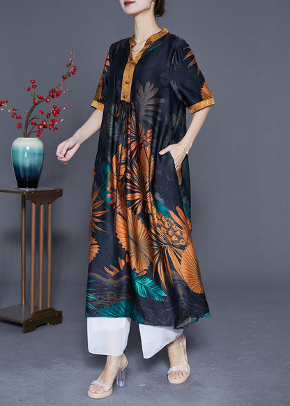 Plus Size Black V Neck Print Silk Long Dress Summer LY4824 - fabuloryshop